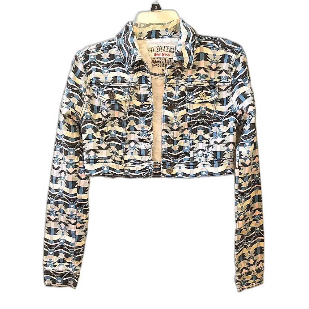 Hot Kiss Cropped Denim Jean Jacket Geometric Pattern Multicolor Fitted Stretch